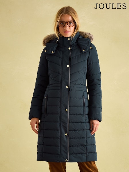 Joules Cherington Navy Showerproof Longline Padded Coat with Faux Fur Hood (709599) | €141