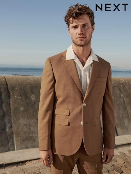 Maro Rugină - Normală - Linen Blend Tailored Fit Suit Jacket (710510) | 420 LEI
