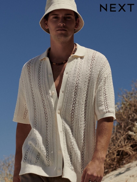 Ecru White Stripe Relaxed Crochet Button Through Shirt (711273) | €25