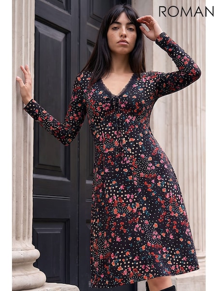 Black - Roman Petite Floral Lace Dress