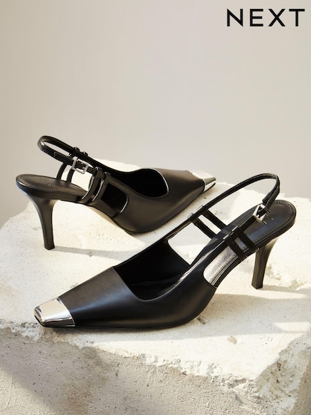 Black Premium Leather Metal Chisel Toe Slingback Heel Shoes (712001) | €7