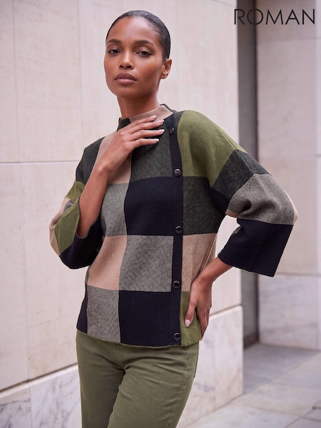 Green - Roman Check Button Detail Knit Cape Poncho
