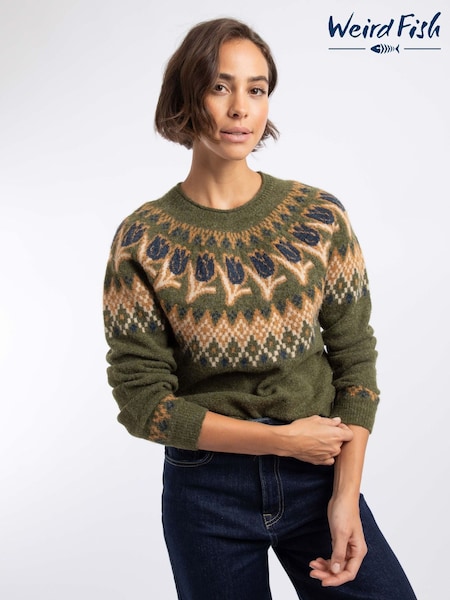 Grün - Weird Fish Tulips Floral Fair Isle Jumper