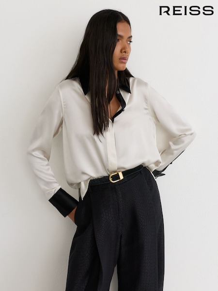 Ivory/Black - Reiss Ameira Silk-satin Tipped Concealed-placket Shirt