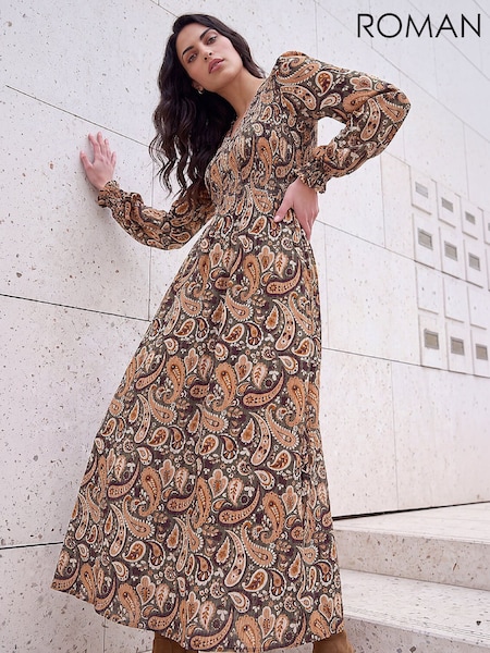 Green - Roman Paisley Shirred Midi Dress
