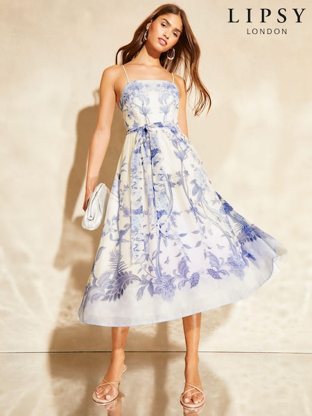 Lipsy Navy Blue Floral Cami Strap Skater Midi Dress (714257) | €71