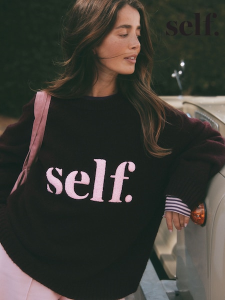 Berry Red - Self. Knitted Slogan Jumper