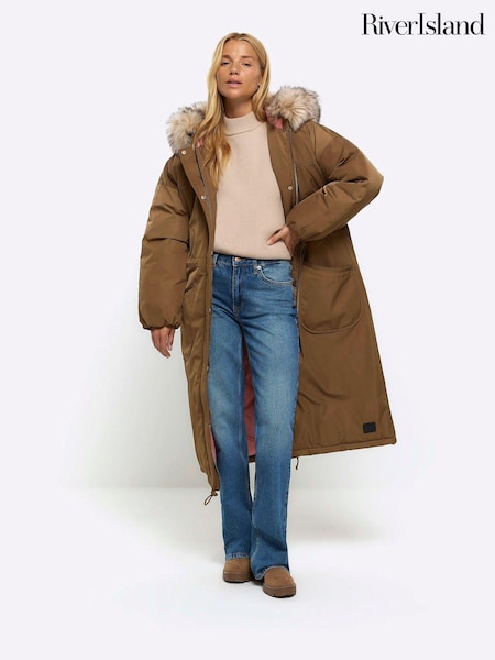 River Island Green Khaki Faux Fur Trim Parka (714524) | €56