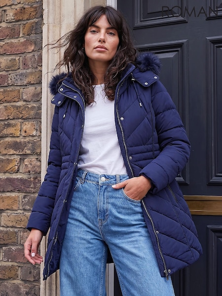 Blue - Roman Padded Fur Hood Coat
