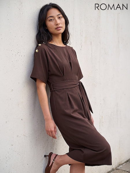Brown - Roman Petite Tie Waist Dress