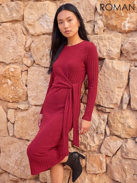 Red - Roman Textured Tie Dress