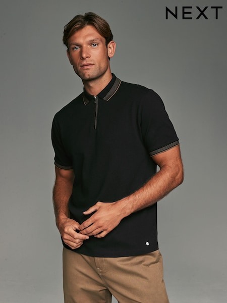 Black Gold Tipped Short Sleeve Textured Quarter Zip Polo Shirts (716660) | R$ 240