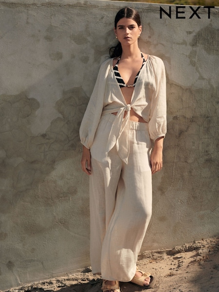 Natural 100% Linen Premium Wide Leg Trousers (716677) | AED189