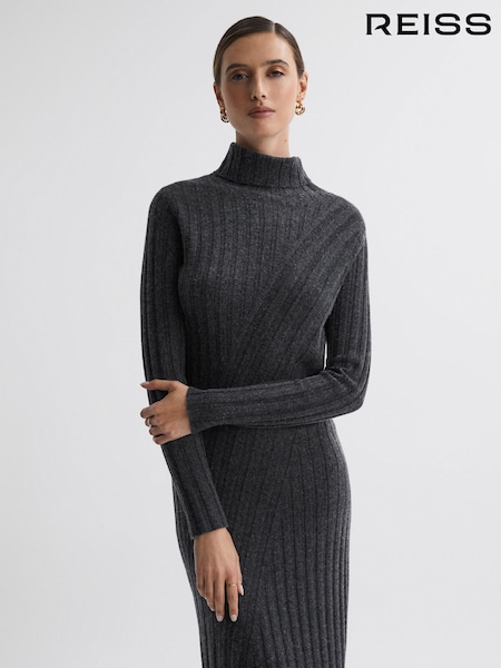 Reiss Charcoal Cady Petite Knitted Roll Neck Midi Dress (717377) | €95