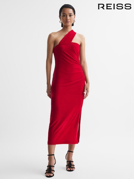 Reiss Red Abbey Velvet One-Shoulder Midi Dress (718663) | €225