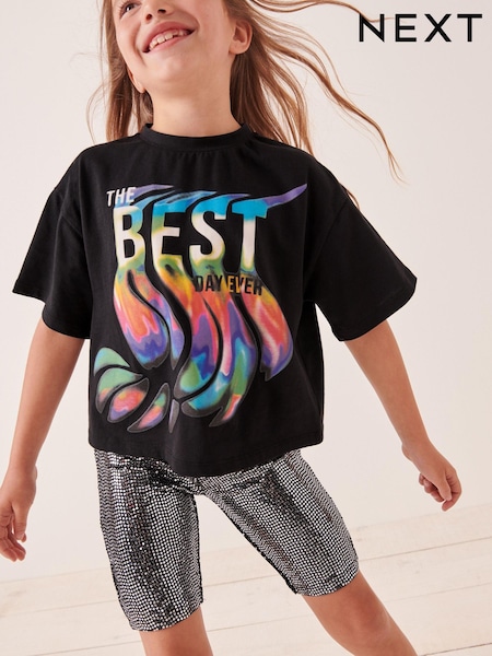 Black Rainbow Graphic T-Shirt And Sequin Cycling Shorts (3-16yrs) (718995) | €10 - €12.50