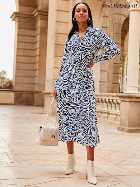 Sosandar Blue Zebra Print Belted Shirt Dress (719684) | €104