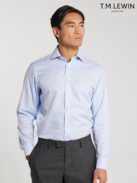 أزرق - Tailored Fit Tm Lewin Non-iron Regular Plain Twill Single Cuff Shirt