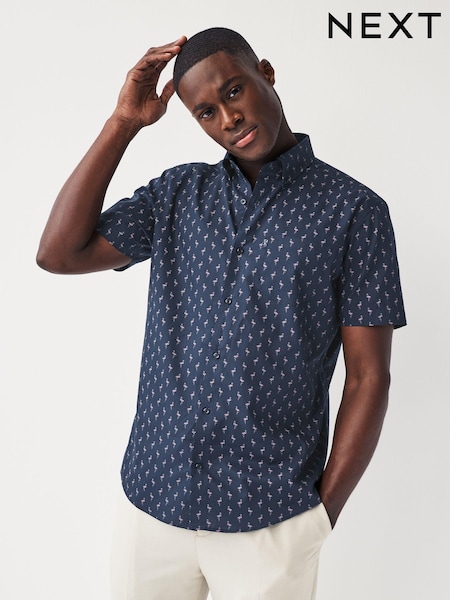 Темно-синий с фламинго - Стандартный крой - Easy Iron With Button Down Collar Short Sleeve Oxford Shirt (720181) | €5