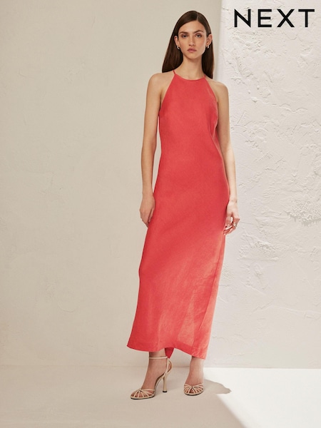 Coral Pink Premium 100% Linen Midi Dress (720347) | €12