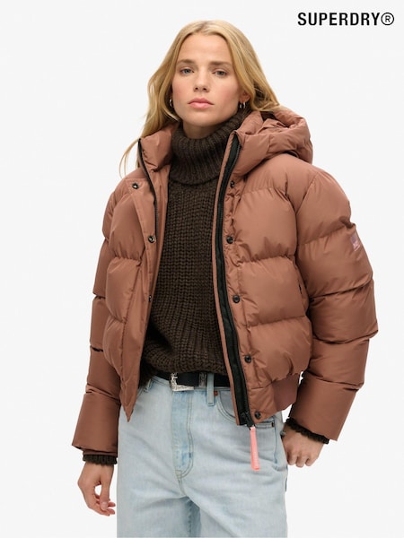 Superdry Nutmeg Spice Brown Hooded Sports Puffer Bomber Jacket (720377) | €144