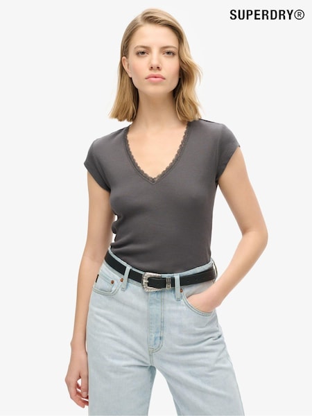 Gri de ardezie închisă - Tricou esențial cu tiv din bumbac % Superdry Dantelă 100 (721237) | 186 LEI