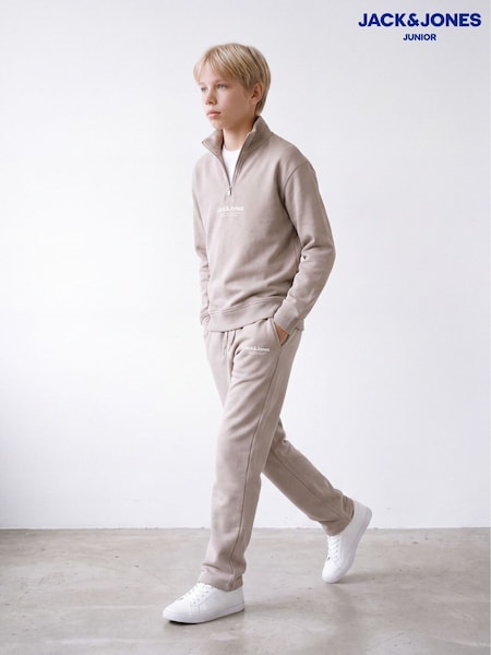 Natural - Jack & Jones Junior Quarter Zip Sweat Top And Open Hem Tracksuit Set