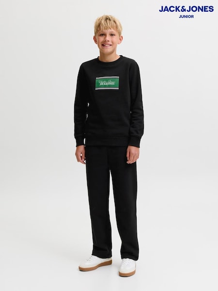 Black - Jack & Jones Junior Crew Neck Sweat Top And Open Hem Tracksuit Set