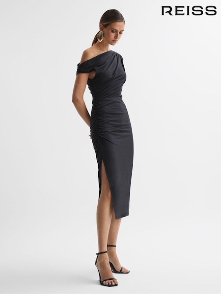 Reiss Charcoal Fern Bodycon Ruched Midi Dress (722137) | 1,014 QAR