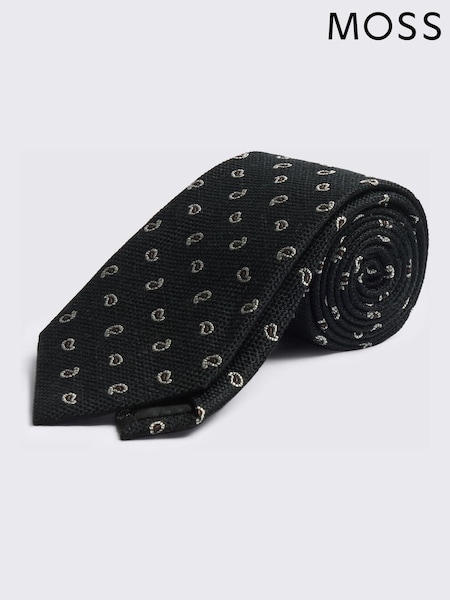Black - Regular Moss Silk Blend Paisley Tie