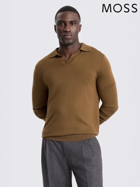 Tobacco Brown - Regular Moss Merino Wool Blend Skipper Polo Shirt