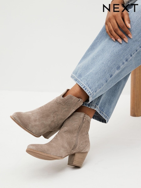 Mink Brown Standard/Wide Fit Forever Comfort® Stitched Detail Ankle Western/Cowboy Boots (725435) | AED130