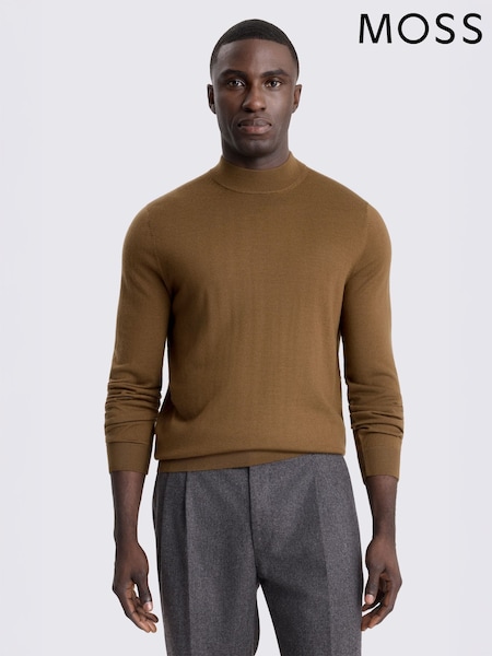 Tobacco Brown - Regular Moss Merino-blend Mock-neck Jumper