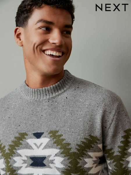 Grey Fleck Crew Neck Fairisle Pattern Knitted Jumper (725652) | €13