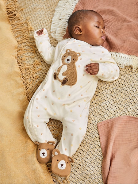 JoJo Maman Bébé Cream Bear Appliqué Zip Cotton Baby Sleepsuit (725894) | €34