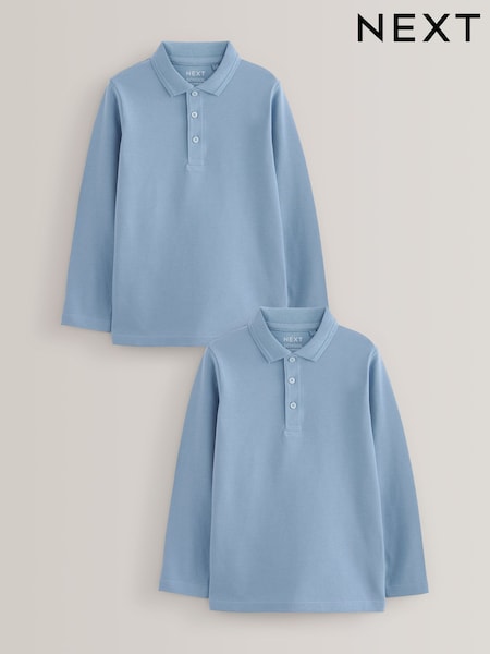 Azul - 100% Cotton Long Sleeve School Polo Shirts 2 Pack (3-16yrs) (726441) | 11 € - 19 €