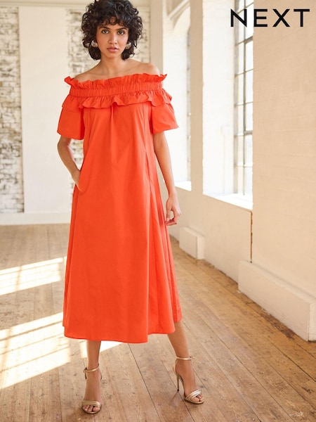 Оранжевый - Bardot Frill Midi Poplin Dress (730429) | €20