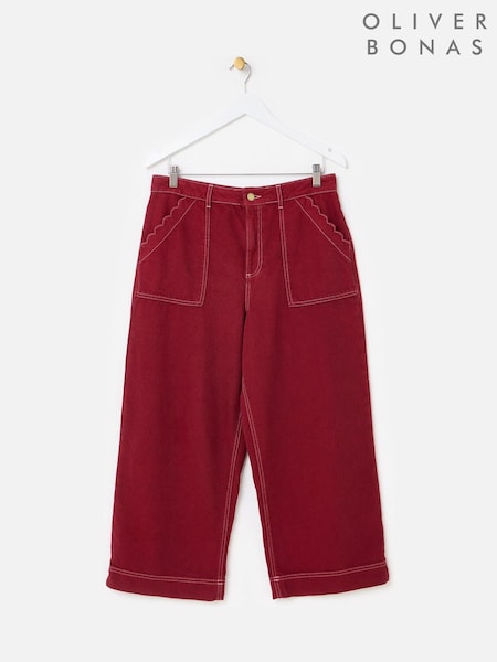 Berry Red - Oliver Bonas Scalloped Pocket Cropped Wide Leg Jeans
