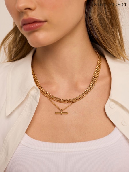 Gold Tone - Mint Velvet Layered T Bar Necklace