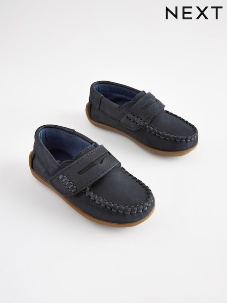 Navy Standard Fit (F) Leather Penny Loafers with Touch and Close Fastening (734358) | €36 - €41