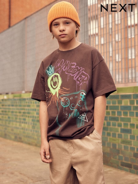 Brown Gaming Graffiti Relaxed Fit Short Sleeve Graphic T-Shirt (3-16yrs) (734446) | €6 - €11