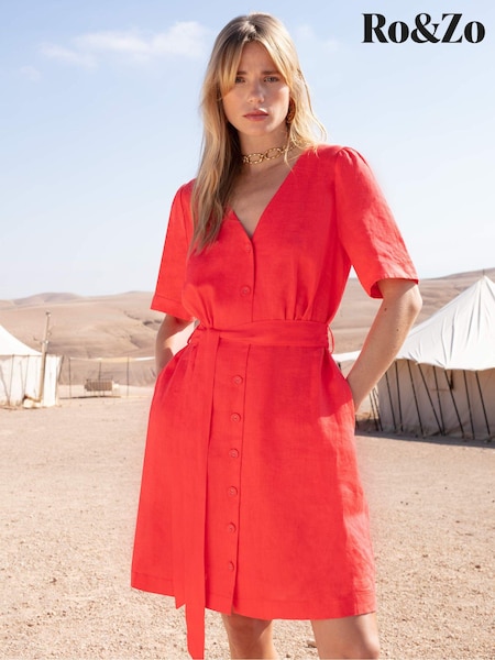 Ro&Zo Red Flame Linen Button Front Short Dress (735730) | €53