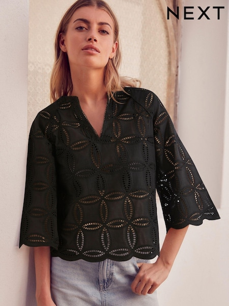 Black 3/4 Sleeve Floral Broderie Notch Neck Top (735969) | €21