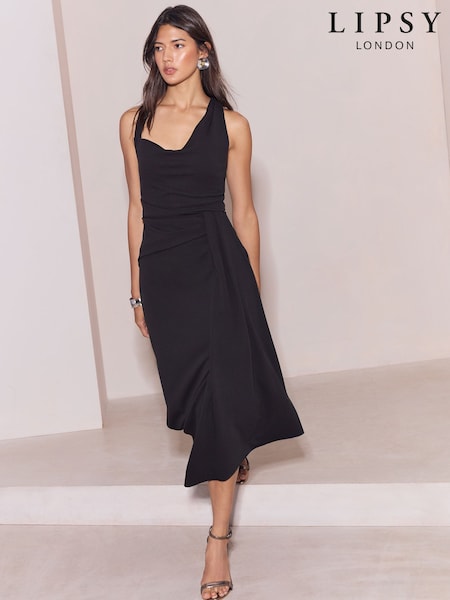 Black - Lipsy Aysmmetric Cowl Neck Bodycon Midi Dress