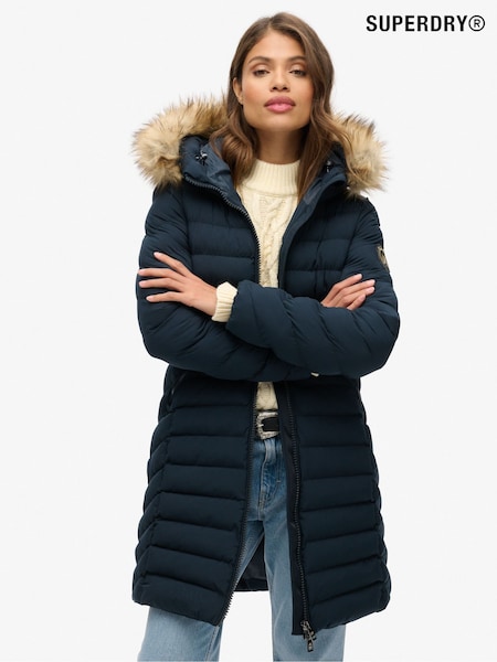 Eclipse Navy Sininen - Superdry Fuji Faux Fur Hood Padded Mid Length Jacket (740286) | €173