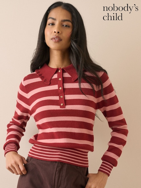 وردي - Nobodys Child Stripe Ruffle Collar Polo Shirt