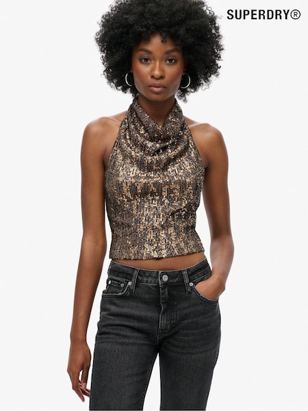 Superdry Gold Cowl Halter Neck Sequin Blouses (740568) | €58