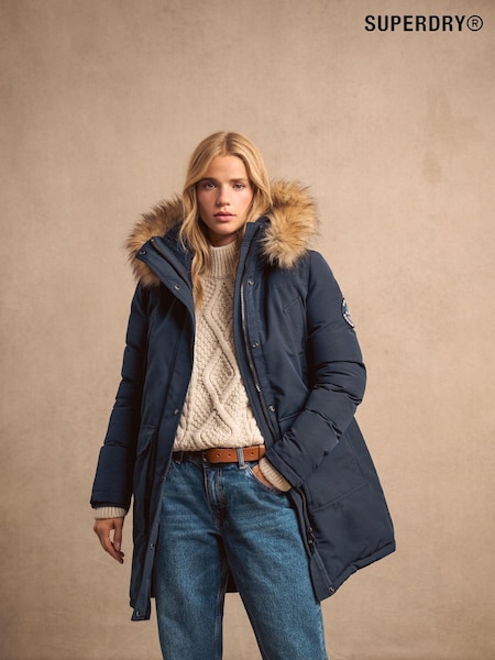 Superdry Nordic Chrome Navy Everest Faux Fur Parka Jacket (740619) | €89