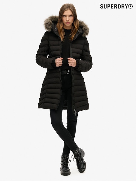 Superdry Black Fuji Faux Fur Hood Padded Mid Length Jacket (740872) | R2,420