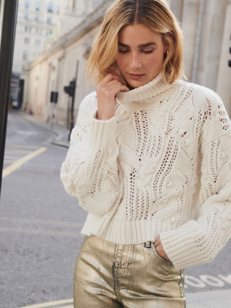 Ecru White Crochet Open Stitch Roll Neck Jumper (740899) | €34